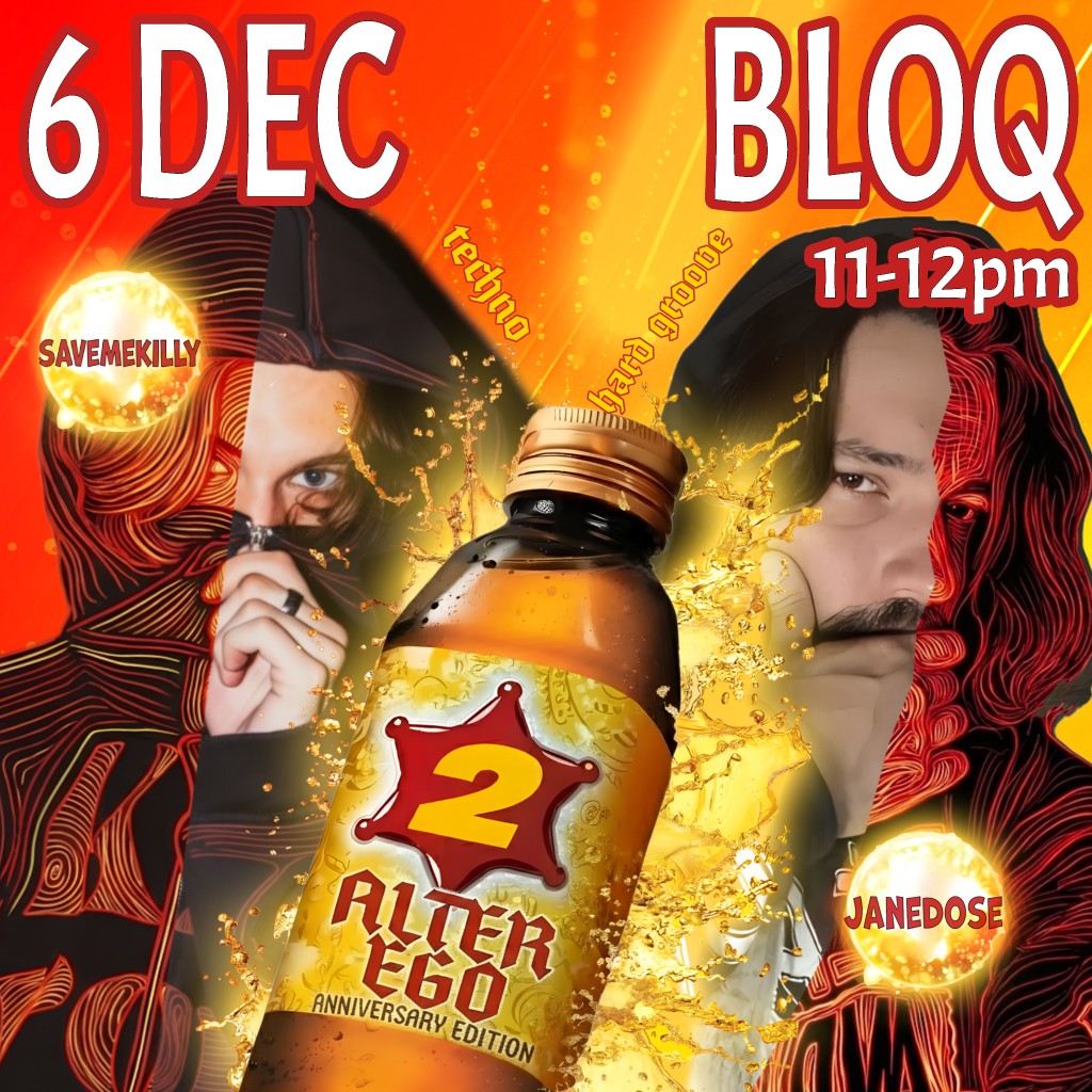 Alter Ego anniversary — M-150 energy drink pastiche, bottle splash, SAVEMEKILLY and JANEDOSE split portraits