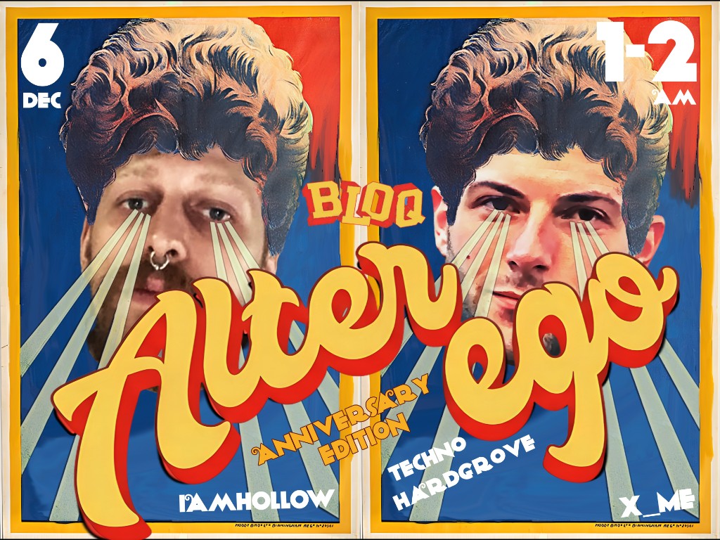 Alter Ego anniversary — paired BLOQ magic sunburst posters, IAMHOLLOW and X_ME, anniversary edition