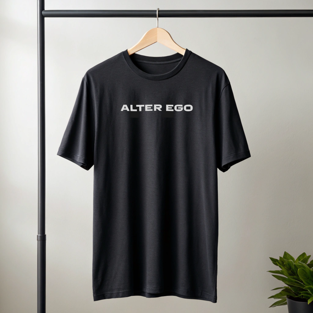 Alter Ego anniversary — black tee front, ALTER EGO wordmark on chest
