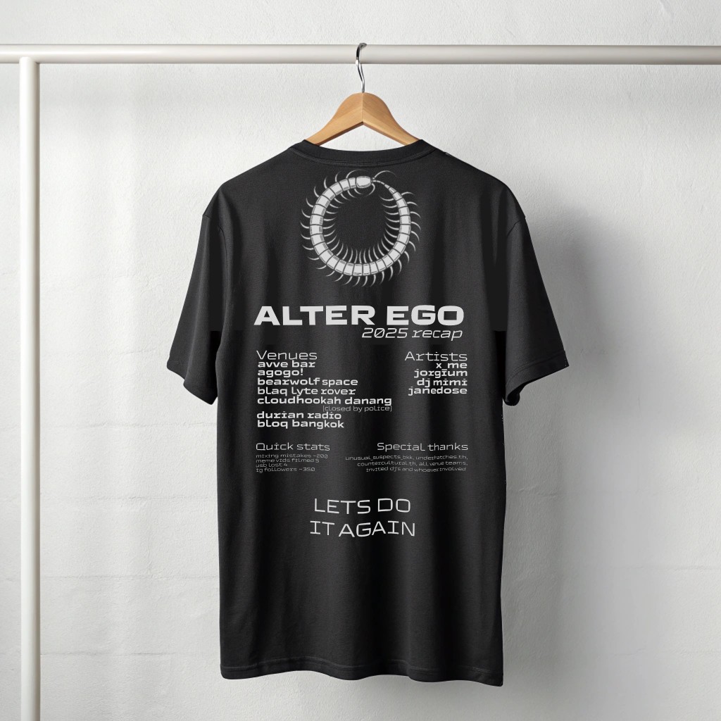 Alter Ego anniversary — black tee back, 2025 recap: venues, artists, stats, special thanks, LETS DO IT AGAIN