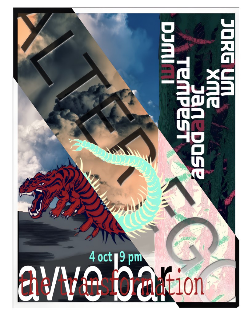 Alter Ego — The Transformation: collage poster with diagonal slices, sky and pink fields, creature motif, AVVE Bar lineup